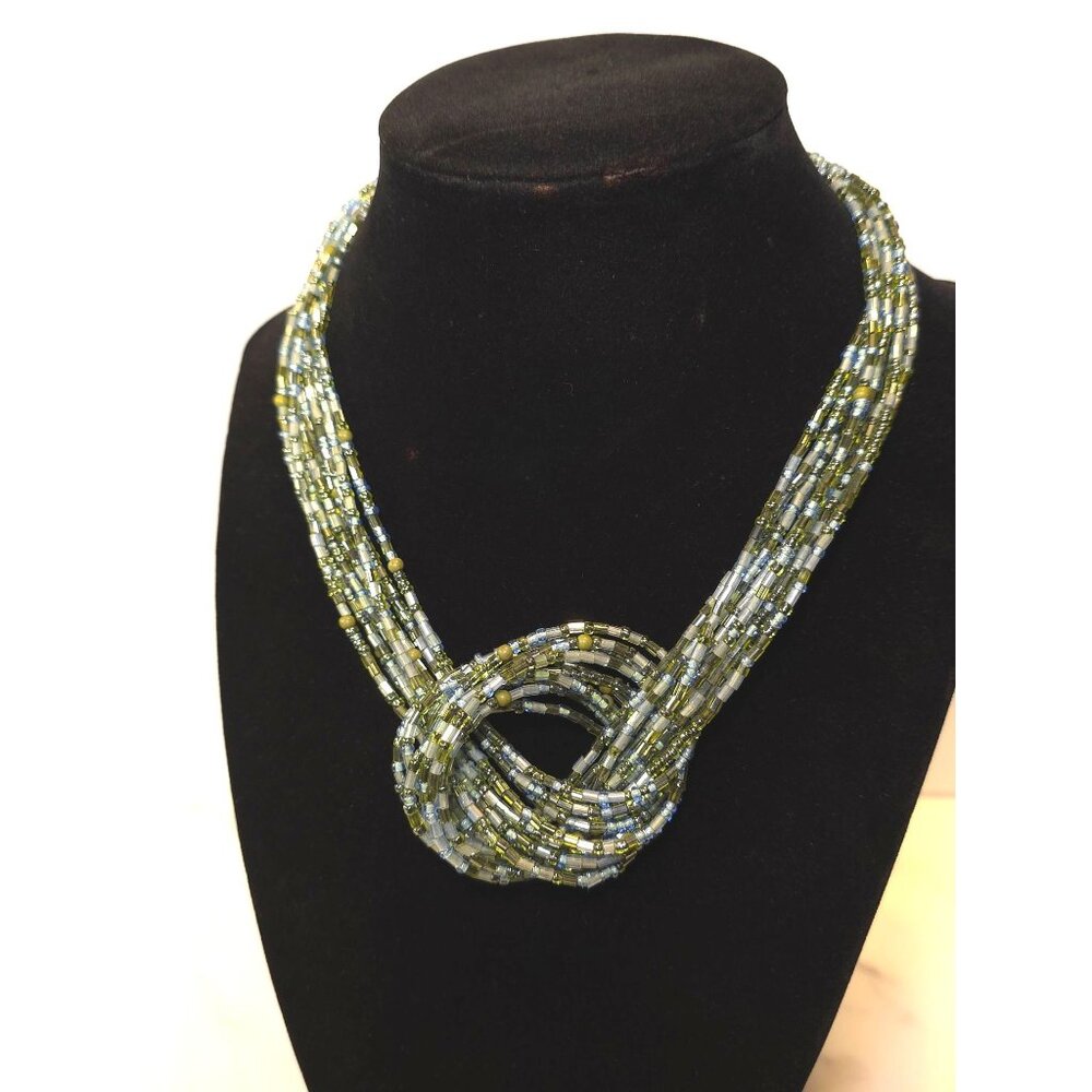 Multicolor Beaded Twisted Knot Necklace With Adjustable Chain Green & Blue Tones